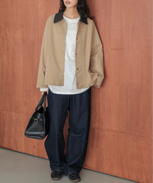 AMELY(エミリー)の「配色 ステンカラー ジャケット(ステンカラーコート・レディース・カーキ/ブラック/ベージュ・フリー)」の4枚目の写真