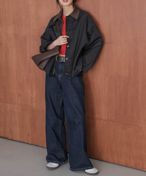 AMELY(エミリー)の「配色 ステンカラー ジャケット(ステンカラーコート・レディース・カーキ/ブラック/ベージュ・フリー)」の15枚目の写真