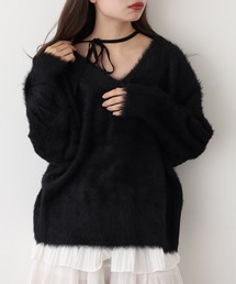 Vネックバックリボンシャギーニット