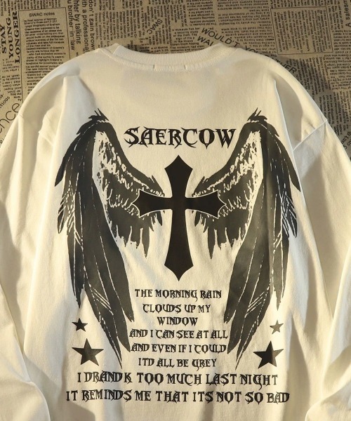 SHIBUYA Zy.(シブヤジー)の「CROSS MY SINSクロスプリントロングTシャツ(Tシャツ/カットソー・メンズ・ホワイト/ブラック・M/L/XL)」の1枚目の写真
