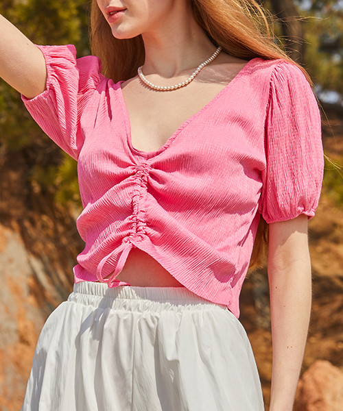 KOLEAT（コレット）の「クーリングプリーツリボンパフクロップ半袖【PINK】Vネックver。（Tシャツ/カットソー・レディース・その他・FREE）」の4枚目の写真