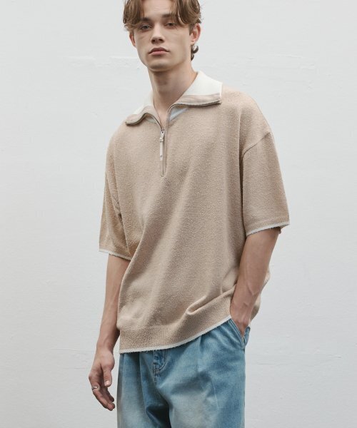 Contrast Tier Half‑Sleeve Knit [Beige] — полушерстяной трикотаж