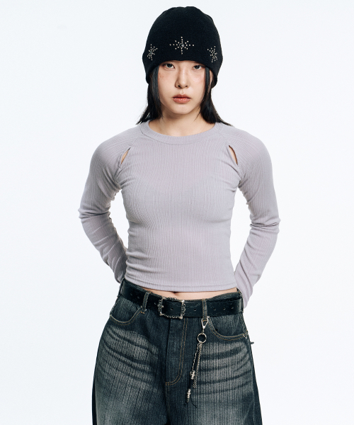 EASY NO EASY(イージーノーイージー)の「リブドクロップロングスリーブ-グレー(Tシャツ/カットソー・レディース・グレー・FREE)」の2枚目の写真