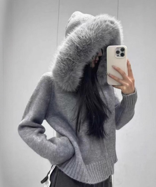 セール】ファー付きフードのジップニットジャケット（ニット/セーター