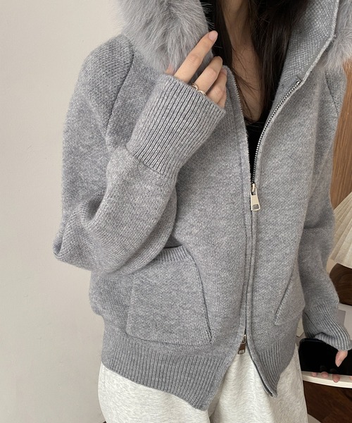 MAISON DE THERESE(メゾン ド テレーズ)の「ファー付きフードのジップニットジャケット(ニット/セーター・レディース・アイボリー/グレー/ベージュ・M)」の9枚目の写真