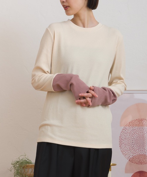 OMNES(オムネス)の「テレコリブ袖バイカラー長袖トップス(Tシャツ/カットソー・レディース・ブラック/アイボリー・FREE)」の8枚目の写真