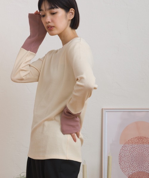 OMNES(オムネス)の「テレコリブ袖バイカラー長袖トップス(Tシャツ/カットソー・レディース・ブラック/アイボリー・FREE)」の9枚目の写真