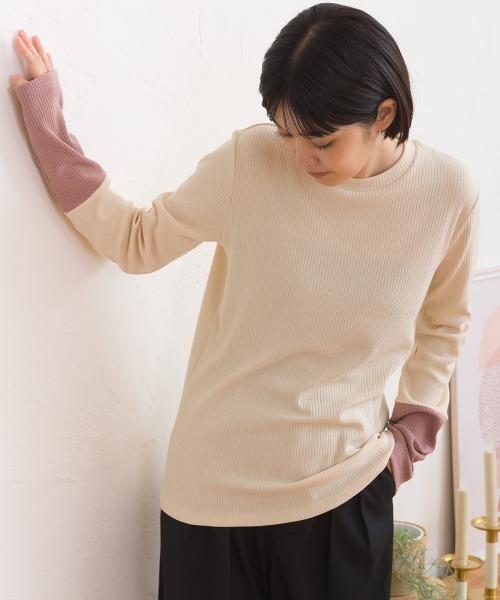 OMNES(オムネス)の「テレコリブ袖バイカラー長袖トップス(Tシャツ/カットソー・レディース・ブラック/アイボリー・FREE)」の12枚目の写真