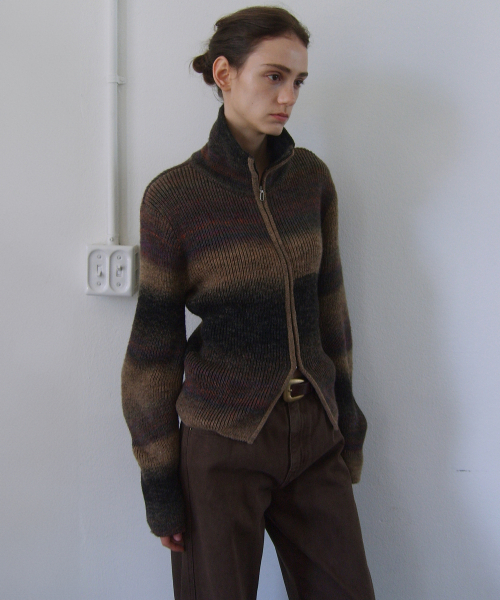 [ITALY FABRIC] GRADATION HALF ZIP-UP KNIT - BROWN