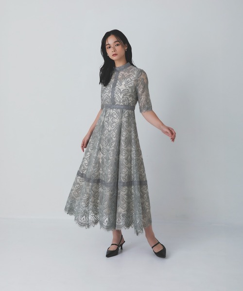 Rose of Sharon(ローズオブシャロン)の「スタンドカラー総レースフレアドレス(ドレス・レディース・グレイッシュブルー/ブラック/スモークピンク/カーキ/ボルドー/ラベンダー/ベージュ・S/M/L)」の4枚目の写真