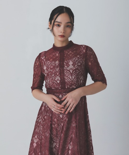 Rose of Sharon(ローズオブシャロン)の「スタンドカラー総レースフレアドレス(ドレス・レディース・グレイッシュブルー/ブラック/スモークピンク/カーキ/ボルドー/ラベンダー/ベージュ・S/M/L)」の12枚目の写真