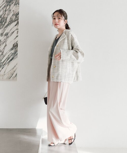 La boutique BonBon（ラブティックボンボン）の「【オケージョン対応】ツィード金ボタンジャケット（ノーカラージャケット・レディース・ブラック/オフホワイト・FREE）」の3枚目の写真