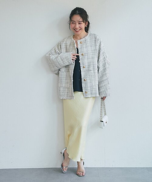 La boutique BonBon（ラブティックボンボン）の「【オケージョン対応】ツィード金ボタンジャケット（ノーカラージャケット・レディース・ブラック/オフホワイト・FREE）」の10枚目の写真