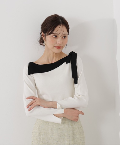 PROPORTION BODY DRESSING（プロポーションボディドレッシング）の「＜ウォッシャブル/UV＞サイドリボン総針ニット / 1216170104（ニット/セーター・レディース・パープル/ホワイト系その他/ブラック・SMALL/MEDIUM）」の2枚目の写真