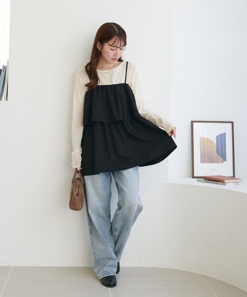 DISCOAT（ディスコート）の「ハシゴレースティアードキャミ（チュニック・レディース・オフホワイト/ブラック・FREE）」の21枚目の写真