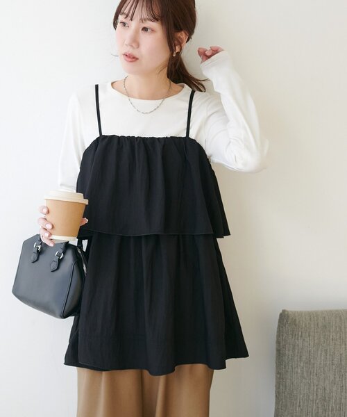 DISCOAT（ディスコート）の「ハシゴレースティアードキャミ（チュニック・レディース・オフホワイト/ブラック・FREE）」の13枚目の写真