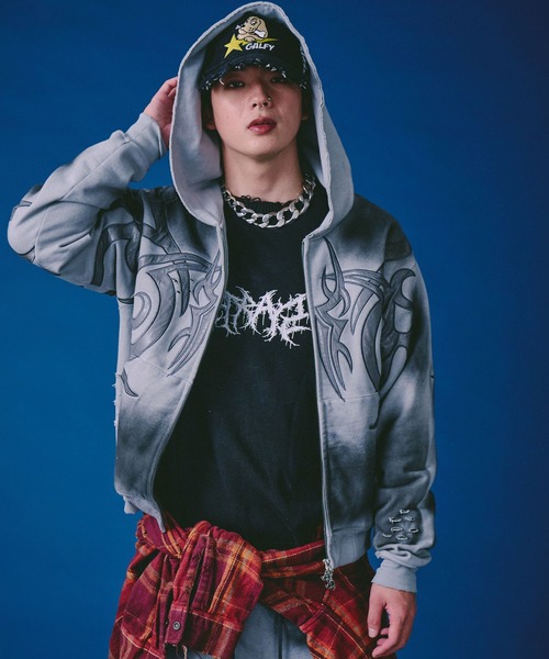 GALFY(ガルフィー)の「GALFY(ガルフィー)汚れ部族パーカー/トライバル スウェットジップアップパーカー(パーカー・メンズ・ホワイト/グレー/スミクロ・2L/LL/L)」の20枚目の写真