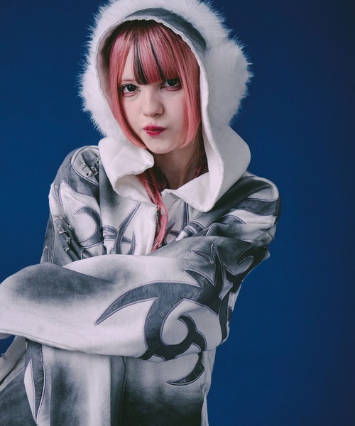 GALFY(ガルフィー)の「GALFY(ガルフィー)汚れ部族パーカー/トライバル スウェットジップアップパーカー(パーカー・メンズ・ホワイト/グレー/スミクロ・2L/LL/L)」の9枚目の写真