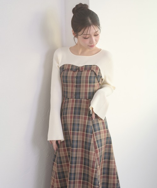 セール】knit docking back lace up dress / ニットドッキングバック