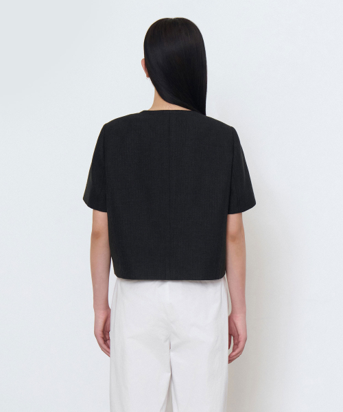 MUSINSA STANDARD WOMAN（ムシンサスタンダードウーマン）の「ウィメンズラウンドネックツイードクロップ半袖ジャケット[ブラック]（テーラードジャケット・レディース・その他・SMALL/X-SMALL/MEDIUM/LARGE）」の3枚目の写真