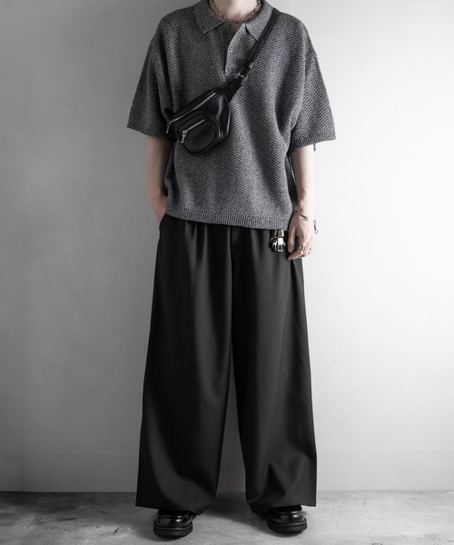 RUUBON（ルーボン）の「【RUUBON】herringbone knit polo shirt /ヘリンボーンニットポロシャツ（ポロシャツ・メンズ・ブラック/グレー・L/M/S）」の3枚目の写真