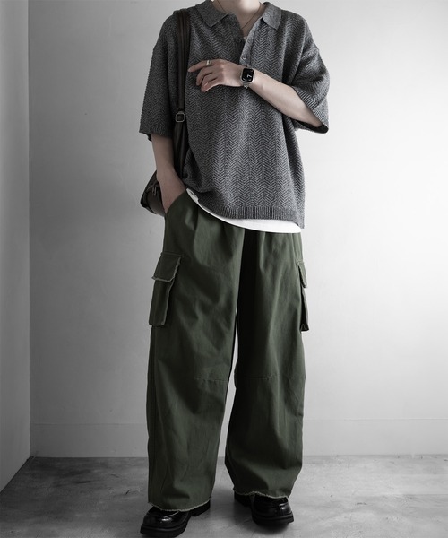 RUUBON（ルーボン）の「【RUUBON】herringbone knit polo shirt /ヘリンボーンニットポロシャツ（ポロシャツ・メンズ・ブラック/グレー・L/M/S）」の5枚目の写真