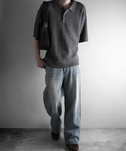 RUUBON（ルーボン）の「【RUUBON】herringbone knit polo shirt /ヘリンボーンニットポロシャツ（ポロシャツ・メンズ・ブラック/グレー・L/M/S）」の9枚目の写真