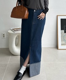 デニムスカート ロング丈 マキシ丈 フロントスリット ロールアップ 切替 ハイウエスト タイト ストレート カジュアル ボトムス 秋 冬