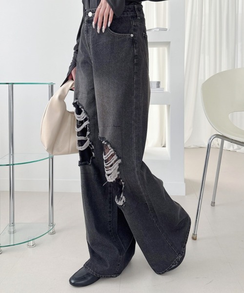 Ada.（エイダ）の「レース付 ダメージ デニム ワイドパンツ（デニムパンツ・レディース・ライトブルー/ブラック・S/M）」の11枚目の写真