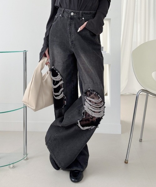 Ada.（エイダ）の「レース付 ダメージ デニム ワイドパンツ（デニム