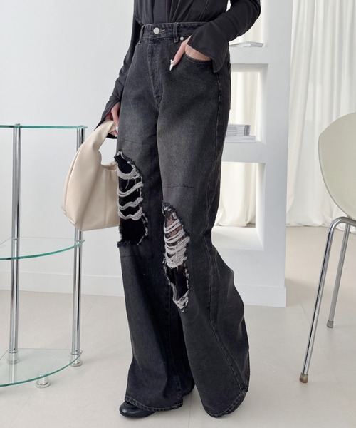 Ada.（エイダ）の「レース付 ダメージ デニム ワイドパンツ（デニムパンツ・レディース・ライトブルー/ブラック・S/M）」の9枚目の写真
