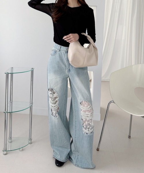 Ada.（エイダ）の「レース付 ダメージ デニム ワイドパンツ（デニムパンツ・レディース・ライトブルー/ブラック・S/M）」の8枚目の写真