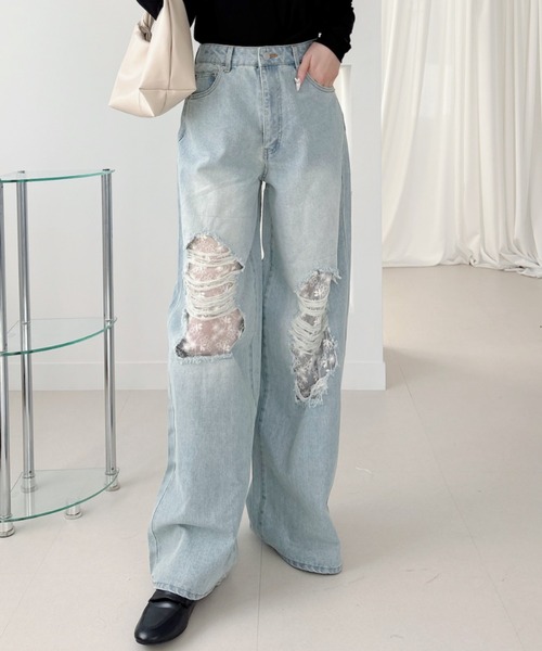 Ada.（エイダ）の「レース付 ダメージ デニム ワイドパンツ（デニムパンツ・レディース・ライトブルー/ブラック・S/M）」の16枚目の写真