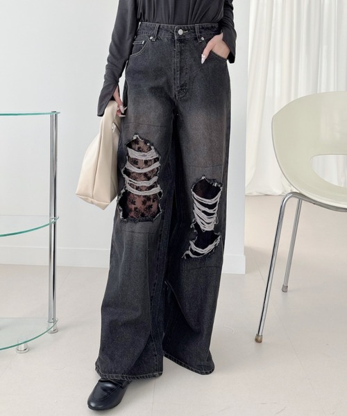 Ada.（エイダ）の「レース付 ダメージ デニム ワイドパンツ（デニムパンツ・レディース・ライトブルー/ブラック・S/M）」の18枚目の写真