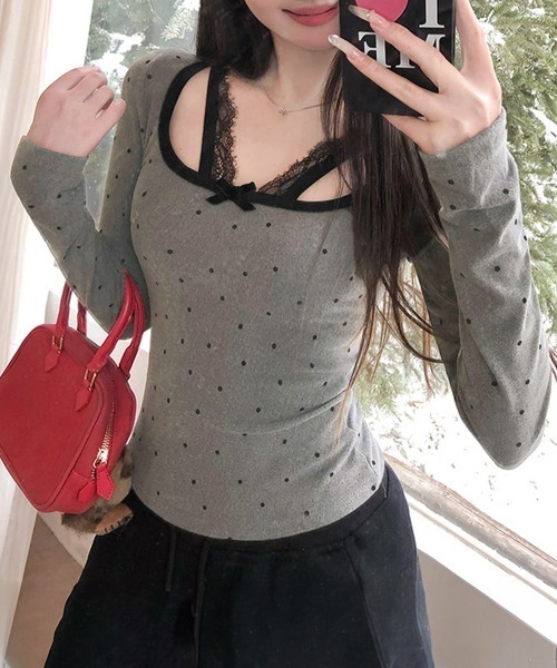 Miniministore(ミニミニストア)の「ドット柄トップス レイヤード風カットソー(Tシャツ/カットソー・レディース・グレー/アイボリー・FREE)」の15枚目の写真