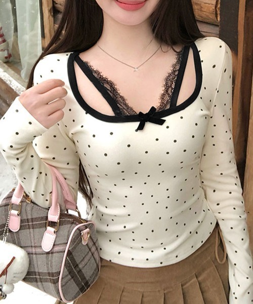 Miniministore(ミニミニストア)の「ドット柄トップス レイヤード風カットソー(Tシャツ/カットソー・レディース・グレー/アイボリー・FREE)」の17枚目の写真