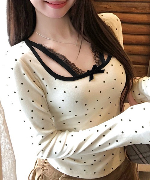 Miniministore(ミニミニストア)の「ドット柄トップス レイヤード風カットソー(Tシャツ/カットソー・レディース・グレー/アイボリー・FREE)」の18枚目の写真