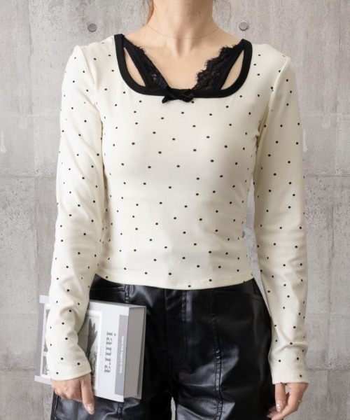 Miniministore(ミニミニストア)の「ドット柄トップス レイヤード風カットソー(Tシャツ/カットソー・レディース・グレー/アイボリー・FREE)」の5枚目の写真