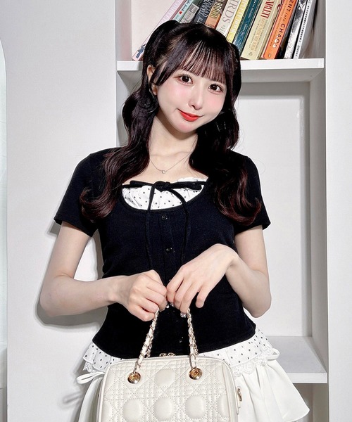 INGNI(イング)の「レースレイヤード風フロントボタン半袖リブトップス(Tシャツ/カットソー・レディース・ライトピンク/ホワイト系その他/ブラック系その他4/ブラック/ホワイト系/グレー/ブラック系3・M)」の5枚目の写真