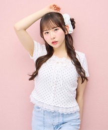 INGNI（イング）の「レースレイヤード風リボン付き半袖リブトップス（Tシャツ/カットソー）」