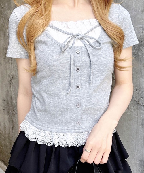 INGNI(イング)の「レースレイヤード風リボン付き半袖リブトップス(Tシャツ/カットソー・レディース・ライトピンク/ホワイト系その他/ブラック系その他4/ブラック/ホワイト系/グレー・M)」の6枚目の写真