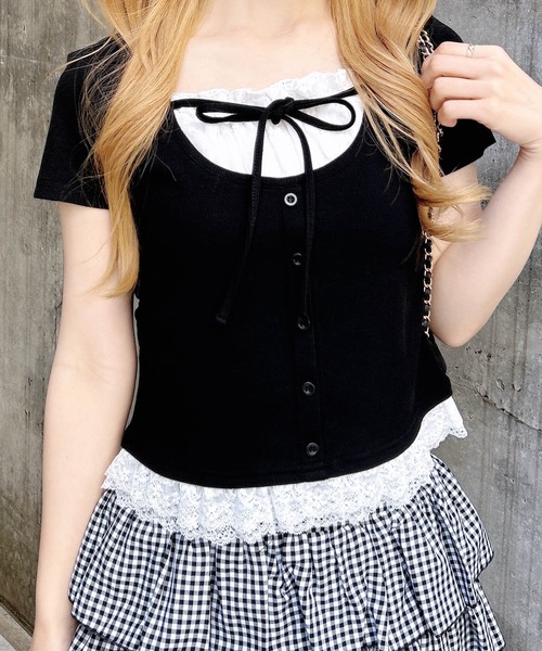 INGNI(イング)の「レースレイヤード風リボン付き半袖リブトップス(Tシャツ/カットソー・レディース・ライトピンク/ホワイト系その他/ブラック系その他4/ブラック/ホワイト系/グレー・M)」の4枚目の写真