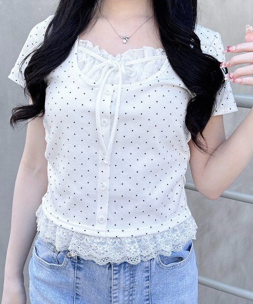 INGNI(イング)の「レースレイヤード風リボン付き半袖リブトップス(Tシャツ/カットソー・レディース・ライトピンク/ホワイト系その他/ブラック系その他4/ブラック/ホワイト系/グレー・M)」の8枚目の写真