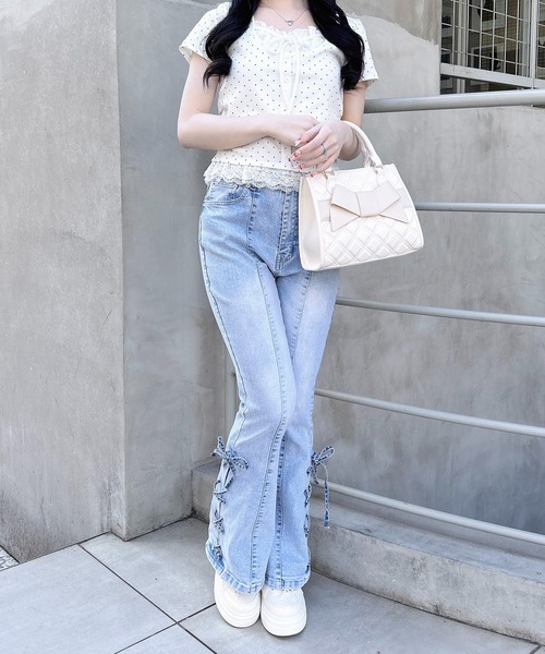 INGNI(イング)の「レースレイヤード風リボン付き半袖リブトップス(Tシャツ/カットソー・レディース・ライトピンク/ホワイト系その他/ブラック系その他4/ブラック/ホワイト系/グレー・M)」の13枚目の写真