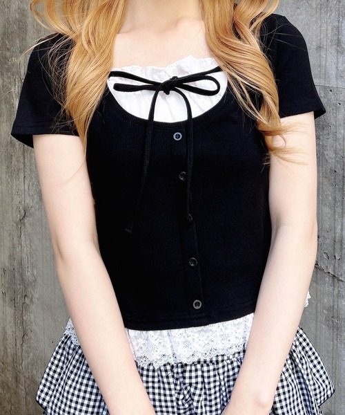 INGNI(イング)の「レースレイヤード風リボン付き半袖リブトップス(Tシャツ/カットソー・レディース・ライトピンク/ホワイト系その他/ブラック系その他4/ブラック/ホワイト系/グレー・M)」の22枚目の写真