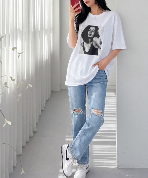 VIVID LADY(ビビッドレディー)の「フォトプリント チュニック 半袖 Tシャツ(Tシャツ/カットソー・レディース・ベージュ/ホワイト/チャコールグレー/ブラック・FREE)」の13枚目の写真