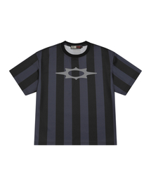 ロゴストライプクロップメッシュTシャツチャコール