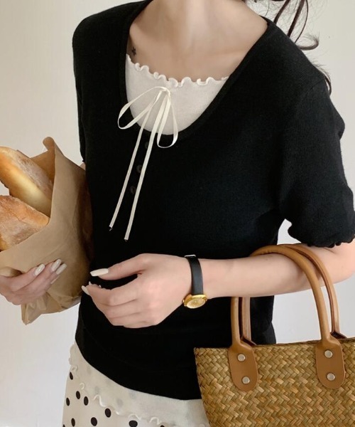 semplice(センプリチェ)の「フリル レイヤード リボン ニットトップス(Tシャツ/カットソー・レディース・パープル/ベージュ/ホワイト/ブルー/ブラック・F)」の14枚目の写真
