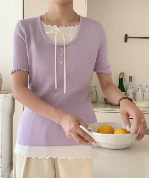 semplice(センプリチェ)の「フリル レイヤード リボン ニットトップス(Tシャツ/カットソー・レディース・パープル/ベージュ/ホワイト/ブルー/ブラック・F)」の16枚目の写真
