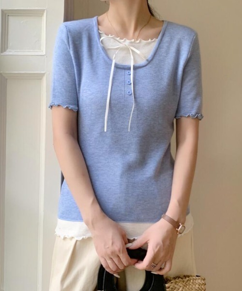 semplice(センプリチェ)の「フリル レイヤード リボン ニットトップス(Tシャツ/カットソー・レディース・パープル/ベージュ/ホワイト/ブルー/ブラック・F)」の17枚目の写真